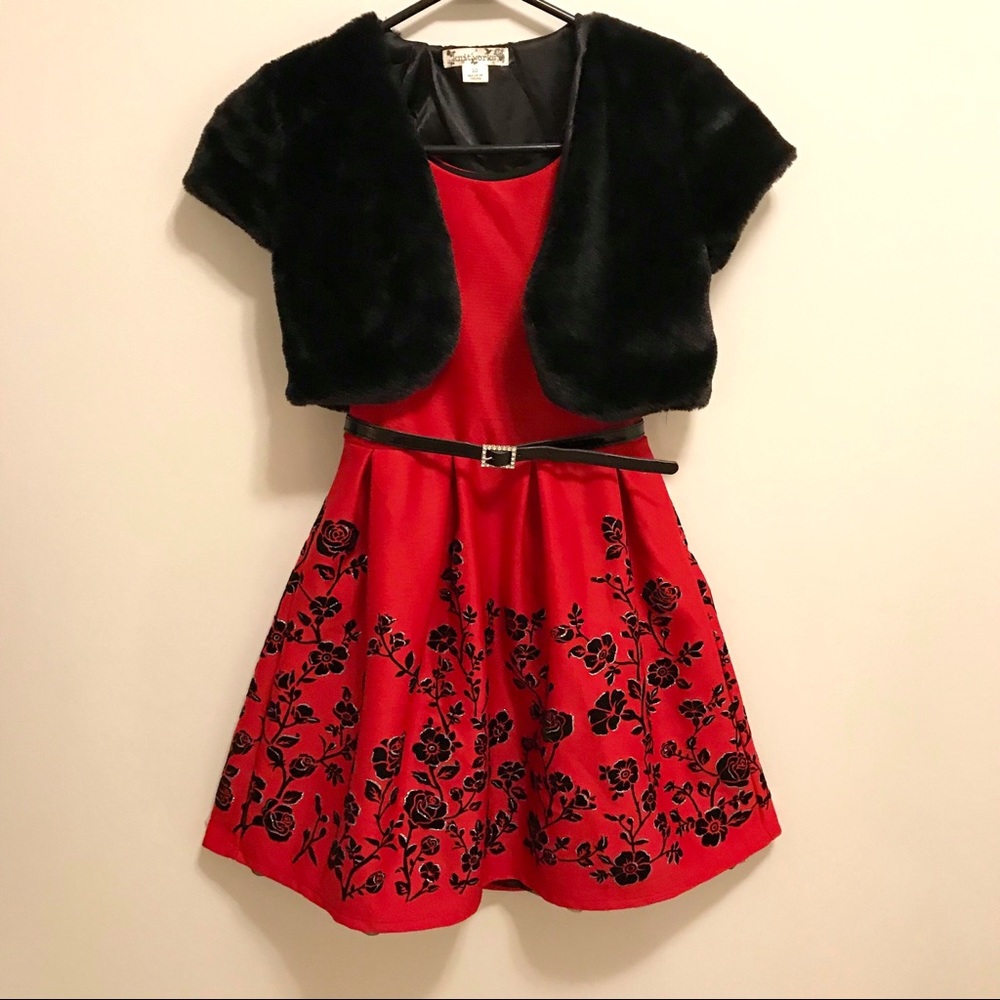 Girls Knitworks Flocked Dress & Fur Shrug w/ Belt